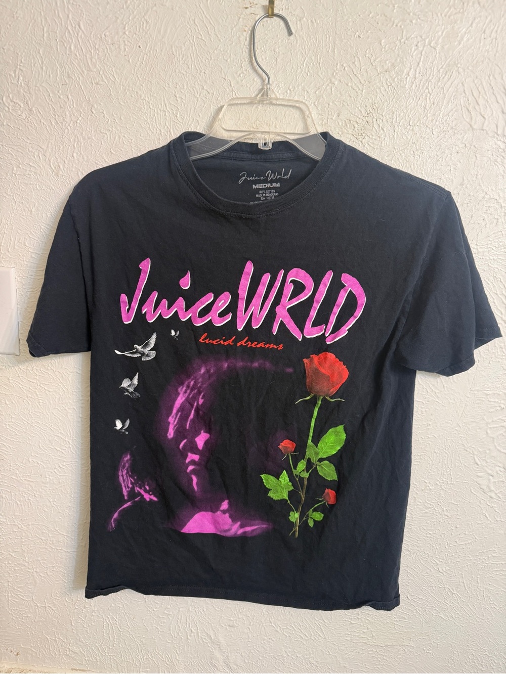 Juice Wrld Black Graphic Tee with Pink Logo and Red Rose